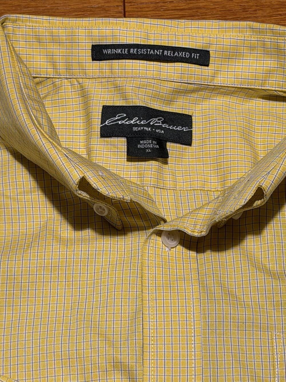 Eddie Bauer Mens XL Relaxed Fit Wrinkle Free Check Button Down Shirt Yellow Blue